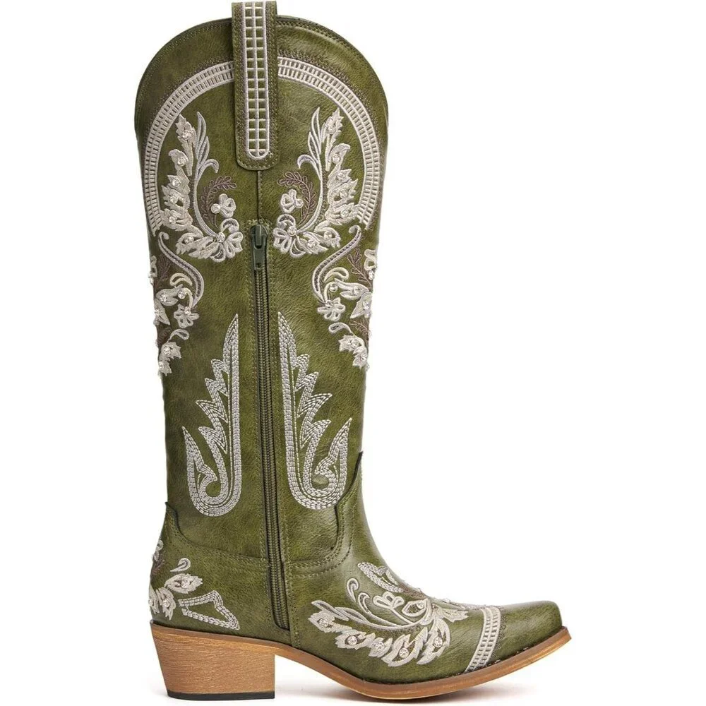 Women Faux Leather Green Rhinestones Embroidered Chunky Heel Knee High Boot